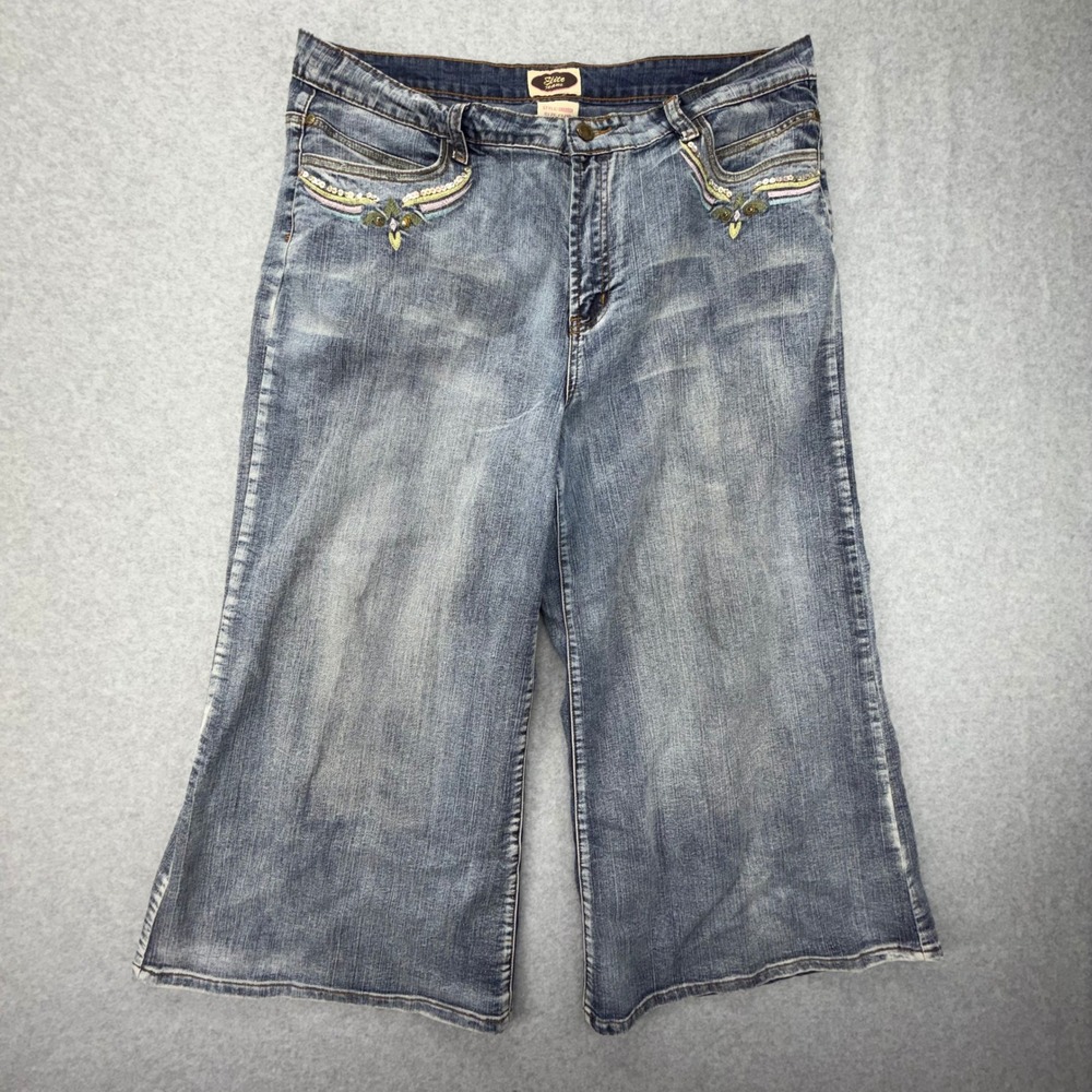 Elite Jeans Womens Plus 17/18 Blue Wide Leg Gaucho Crop Sequin Embellished Y2K
